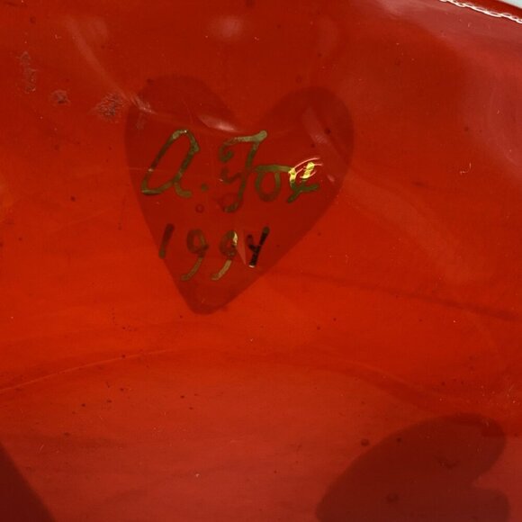 A Fox Fused Glass Heart Plate Tray 5” 1994 Art Glass Red Lavender Orange - Picture 9 of 9